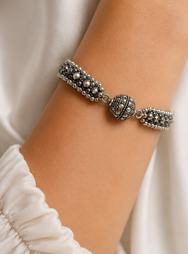 Midnight Silver Beaded Bracelet