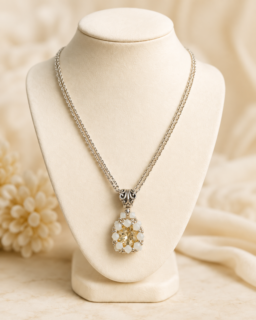 Champagne Halo Necklace - Handcrafted Silver color double chain with Beaded Pendant