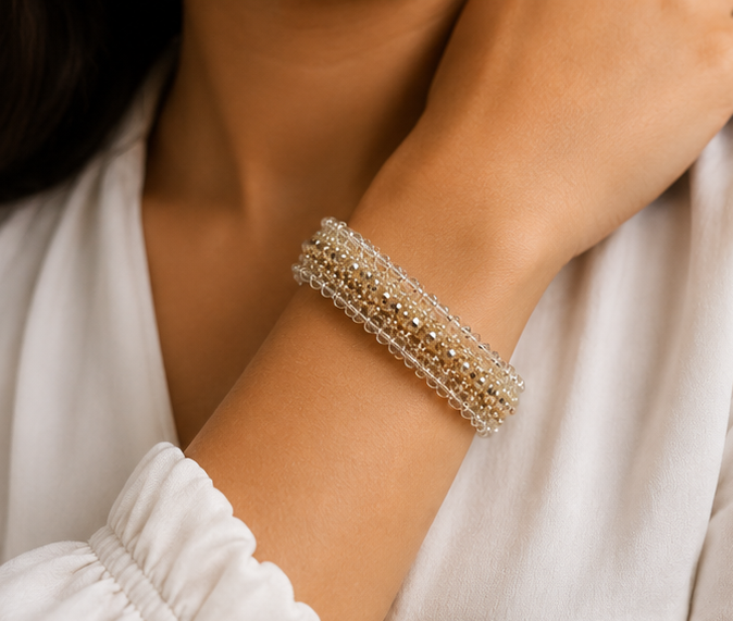 Silver Champagne Beaded Bracelet