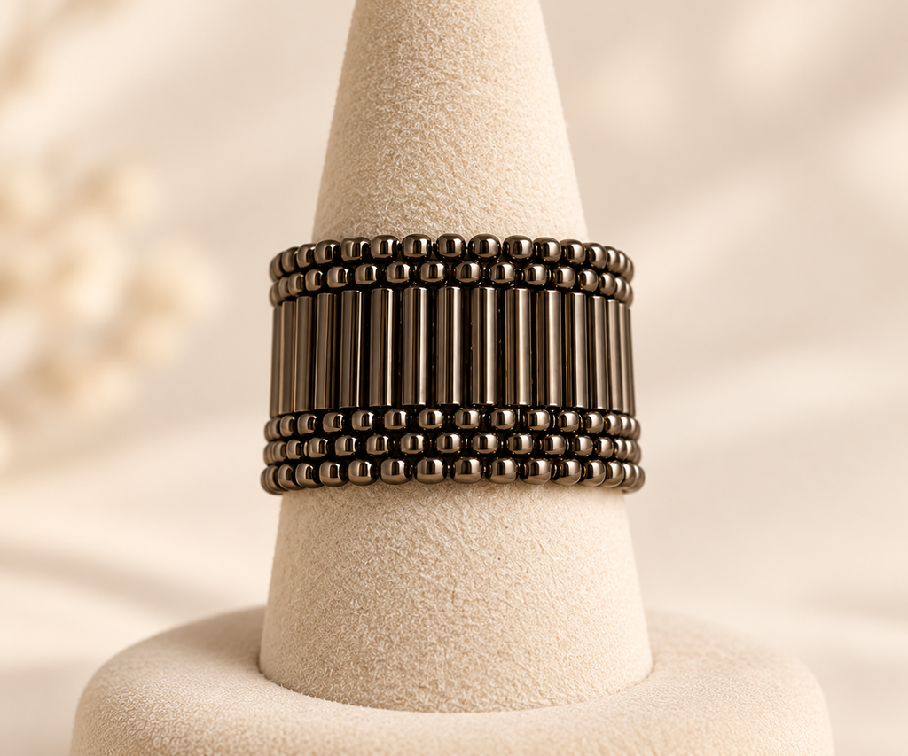 Gunmetal Symmetry Beaded Ring – handcrafted beaded jewellery by MiyuQi Designs