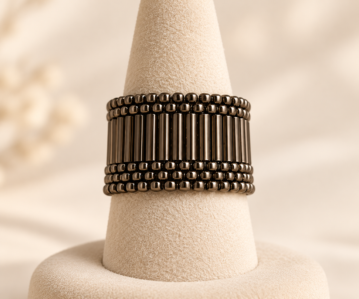 Gunmetal Symmetry Beaded Ring – handcrafted beaded jewellery by MiyuQi Designs
