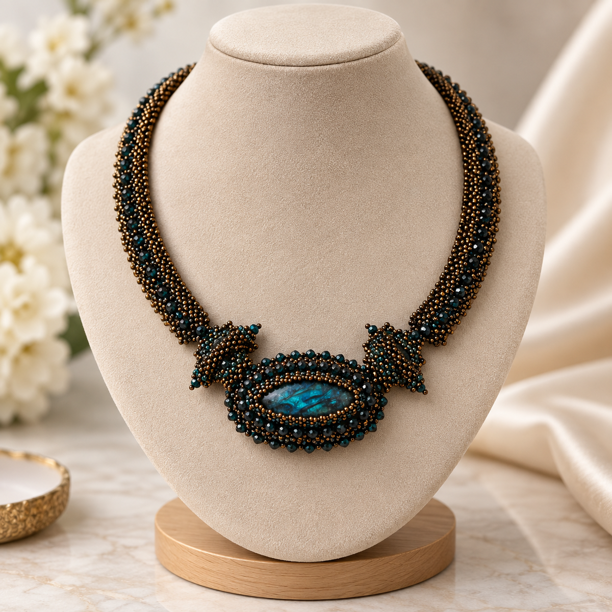 A statement necklace made of dark metallic beads and a central oval blue-green stone, displayed on a beige jewelry bust against a softly styled background with cream fabric and blurred flowers.