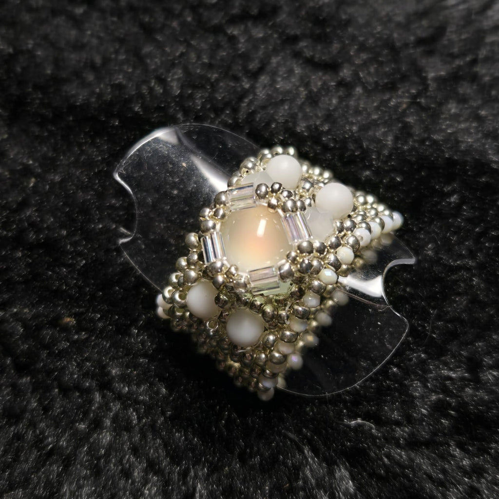Moonlit Opal Beaded Ring - Handcrafted opal white beaded ring by MiyuQi Designs